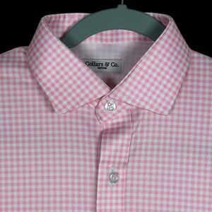 Collars & Co Polo Shirt Mens M Pink White Gingham Quattro Plaid Dress Collar